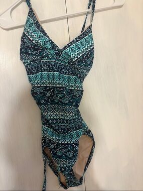 Kona Sol Teal & Navy Patterned One-Piece Swimsuit